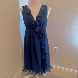 NWT Max studio size xs blue dress with ruffles and ties at waist.